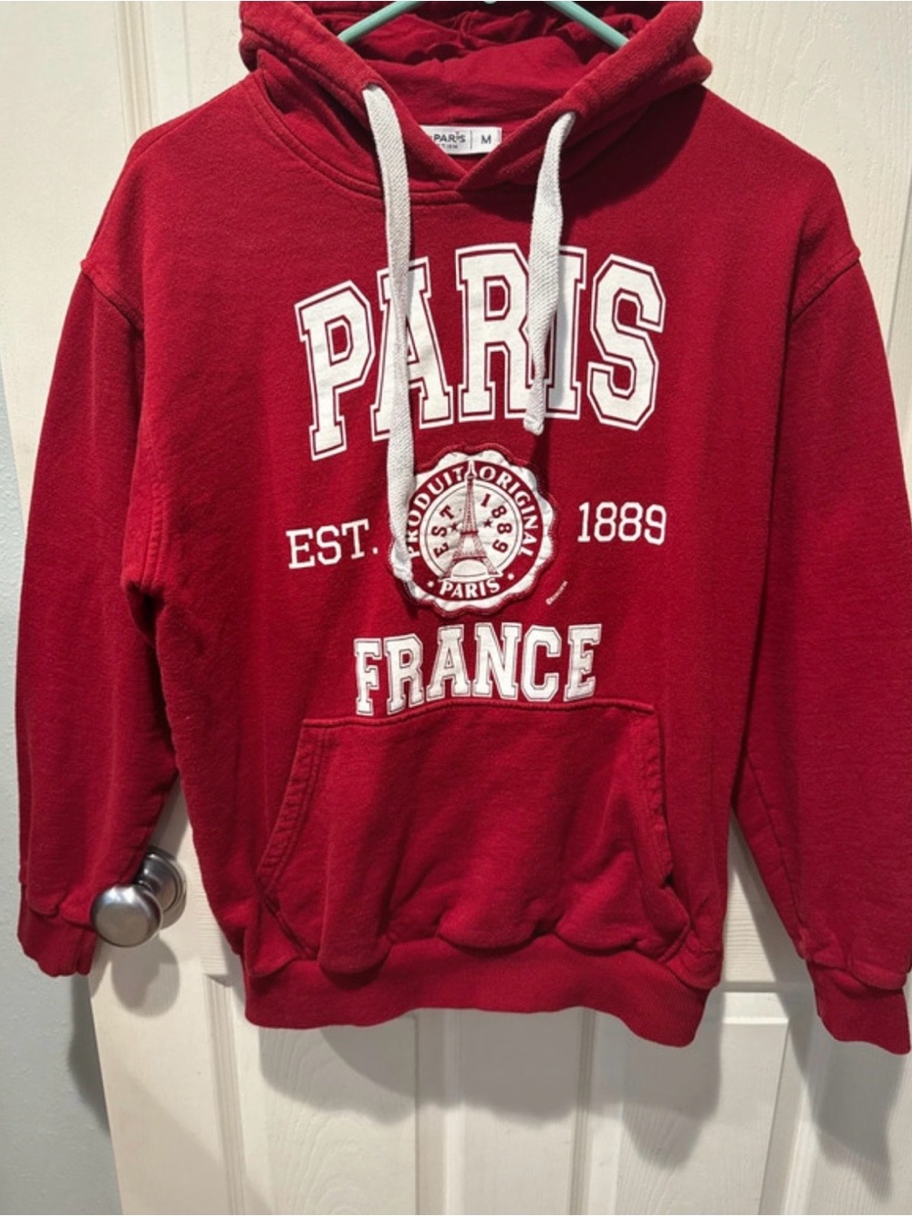 Red Paris France Pullover Hoodie with White Drawstrings